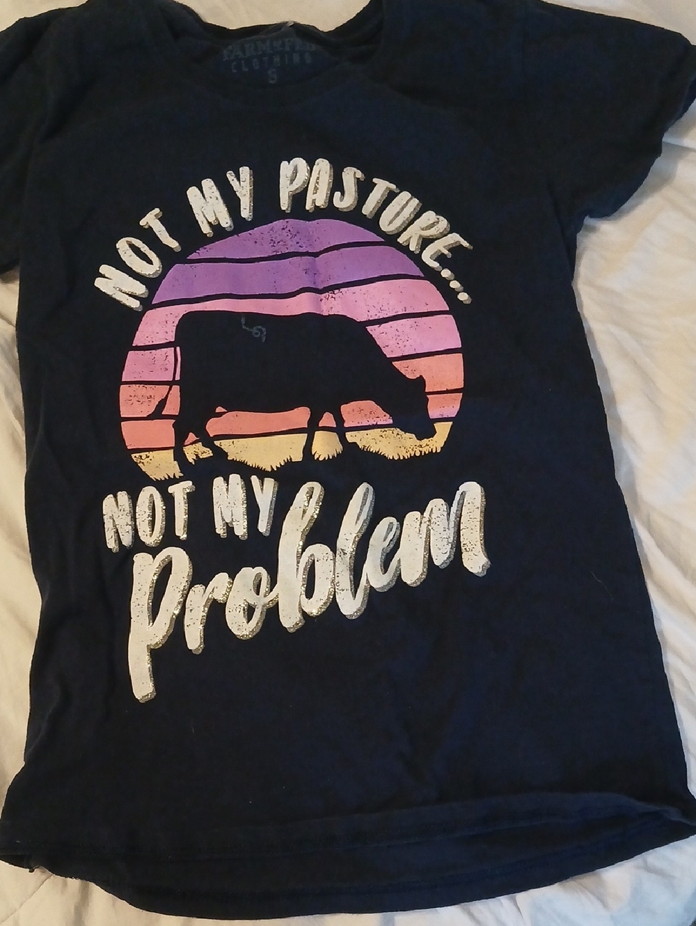Girls Navy Short Sleeve Graphic Tee with Sunset Cow Design